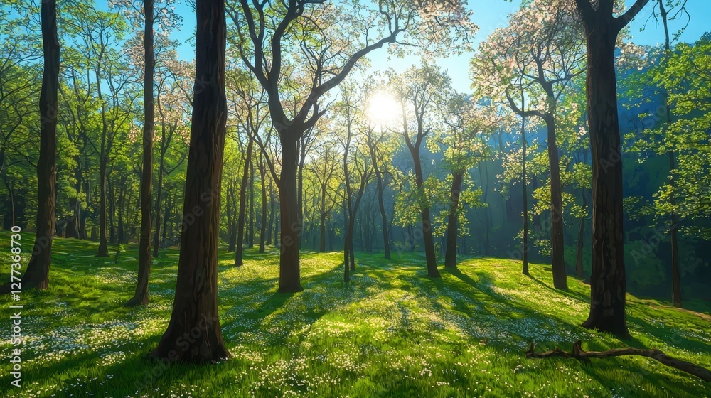 Fototapeta premium Painting of a forest with sunlight shining through blossoming trees and dappled light effect on the ground