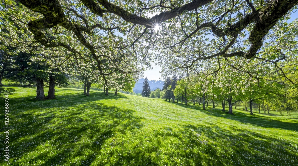 Naklejka premium Tree in grassy field with sunlight filtering through a canopy of blossoming trees in a serene landscape