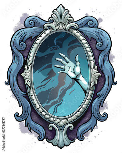 A distressed, antique mirror reflects a surreal, distorted cityscape; vibrant, unnatural colours dominate the reflection.