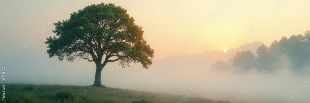 Morning mist wraps around lone tree's slender trunk and branches, tree, foliage Morning mist wraps around lone tree's slender trunk and branches, tree, foliage