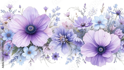 Watercolor Floral Border with Purple and Blue Flowers on White Background