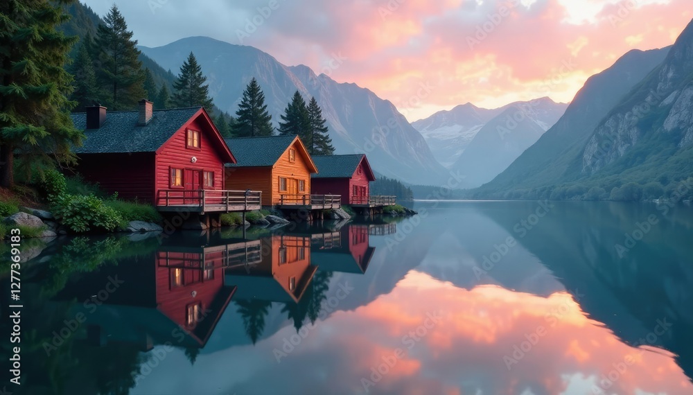 Fototapeta premium Multicolored cabins reflected in the calm lake surface at sunrise, scenery, reflection