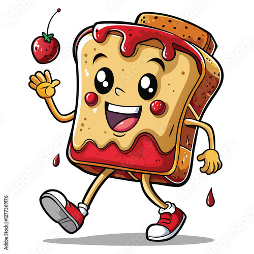 A cheerful, anthropomorphic piece of toast with legs, walking and happily spreading jam.  Emphasis on joyful expression.