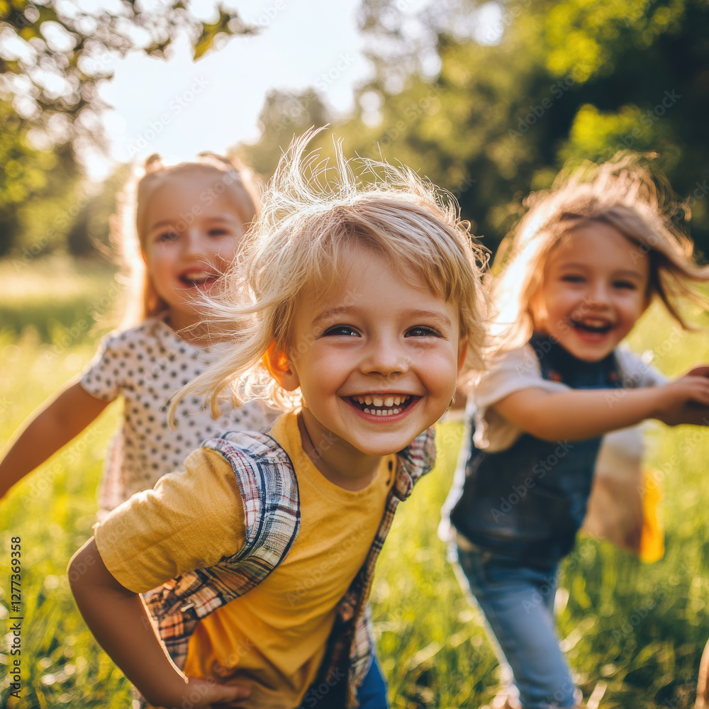 Fototapeta premium Joyful children playing in sunny meadow outdoor fun nature setting cheerful atmosphere
