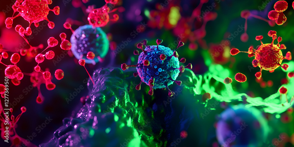 Obraz premium Virus Particles Under Microscope with Bright Colors | Microscopic View of Viruses and Pathogens in Action