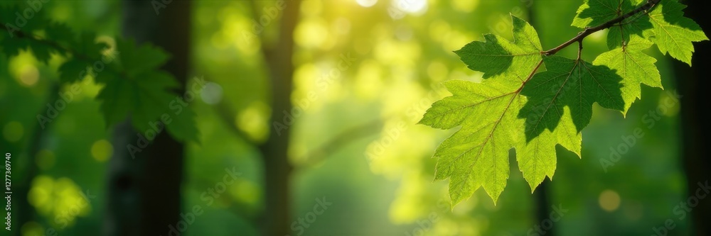 Small oak with large leaves in the sunlight filtering through the canopy, dappled, forest Small oak with large leaves in the sunlight filtering through the canopy, dappled, forest