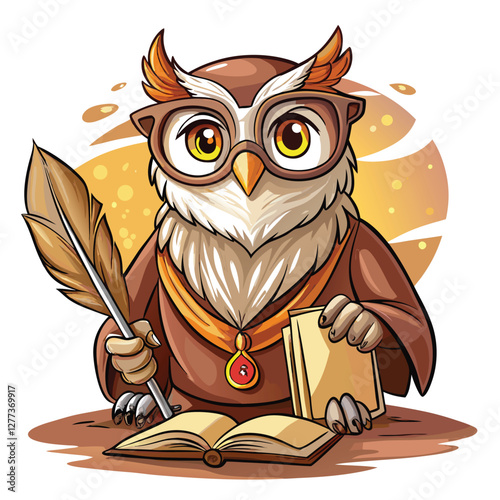 A wise, elderly owl wearing round spectacles meticulously writes in a large, leather-bound book, perched on a stack of old tomes.