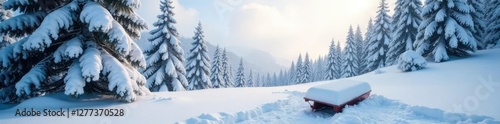 Snow-covered trees with a sledge in the foreground, whiteout,