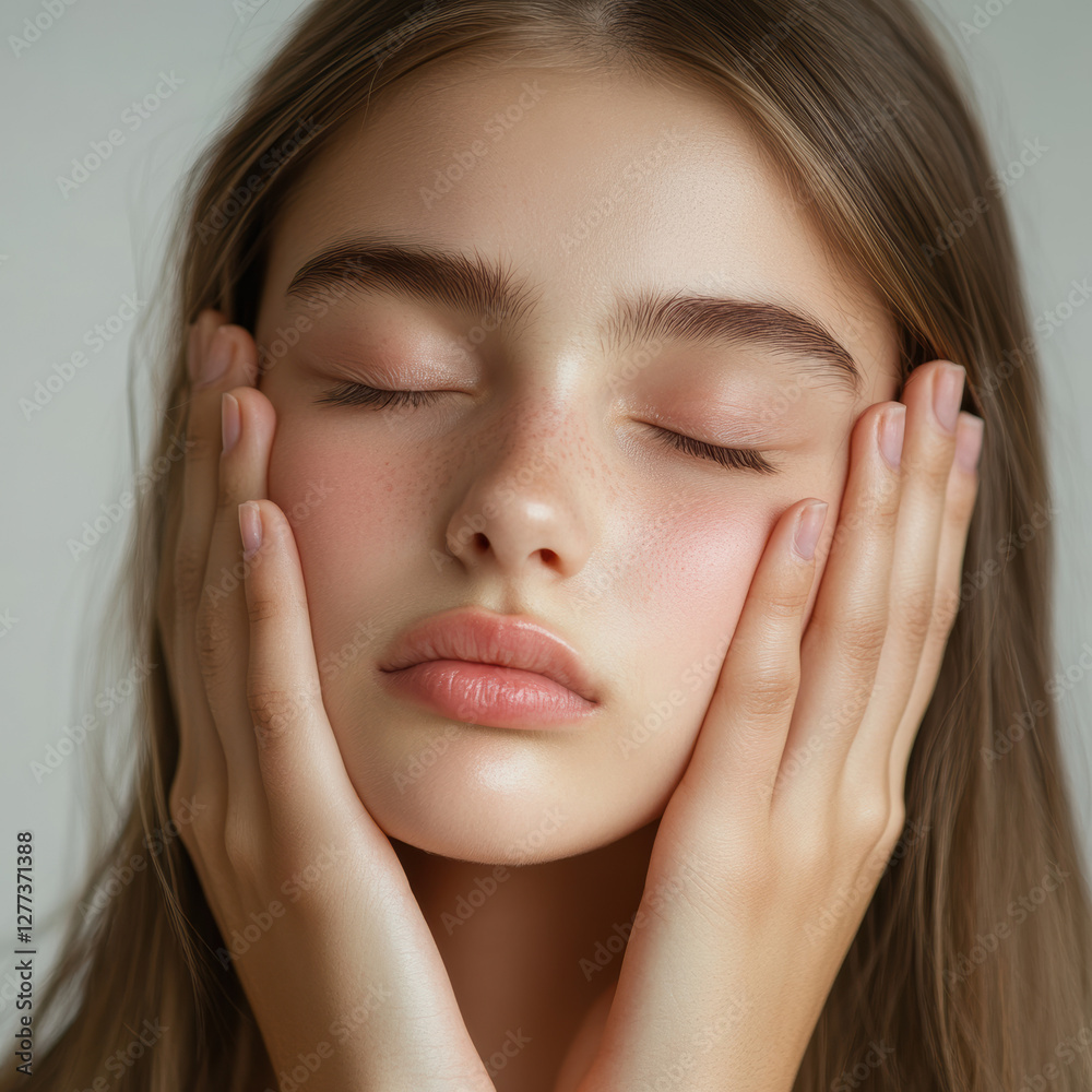 Calm portrait of a young woman with closed eyes studio setting emotion capture soft light intimate viewpoint Calm portrait of a young woman with closed eyes studio setting emotion capture soft light intimate viewpoint