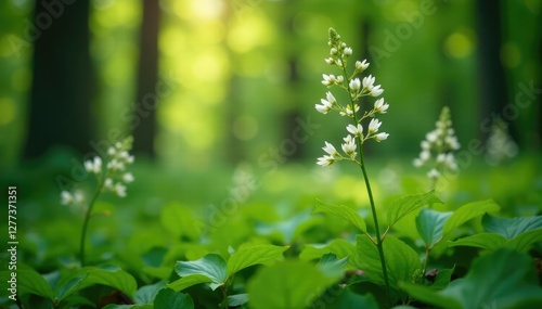 Thin stalks bearing white flowers in the ohio woods, foliage, beechnut