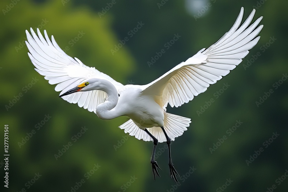 Majestic Great Egret in Flight Against a Blurred Green Background Majestic Great Egret in Flight Against a Blurred Green Background