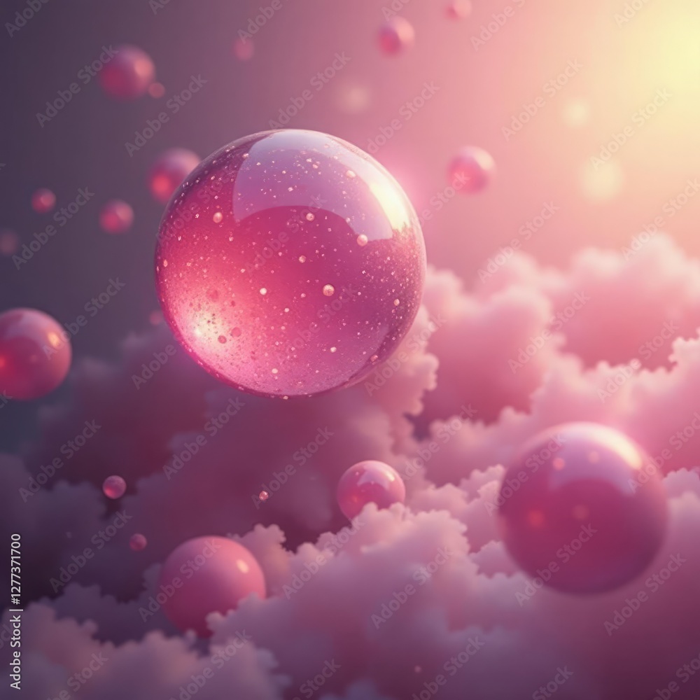 Naklejka premium Tranquil pink spheres hover amidst a hazy dawn, soft focus, pink bubbles, dreamy light