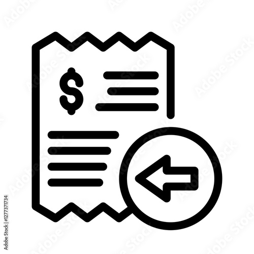 Bill receipt with dollar sign and yellow left arrow. Perfect for financial concepts, expense tracking, budget management, business transactions, and reimbursement processes.
