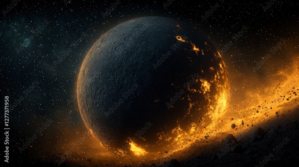 Obraz premium Fiery Planet Cosmic Nebula Space Asteroid Impact Starfield Galaxy Astronomy Celesti