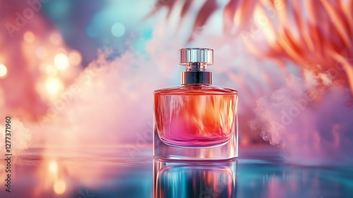 Captivating perfume bottle surrounded by vibrant colors and dreamy atmosphere at twilight