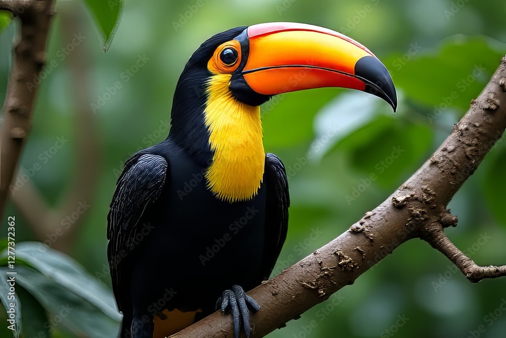 Majestic Toucan Perched on Branch in Lush Green Forest Majestic Toucan Perched on Branch in Lush Green Forest