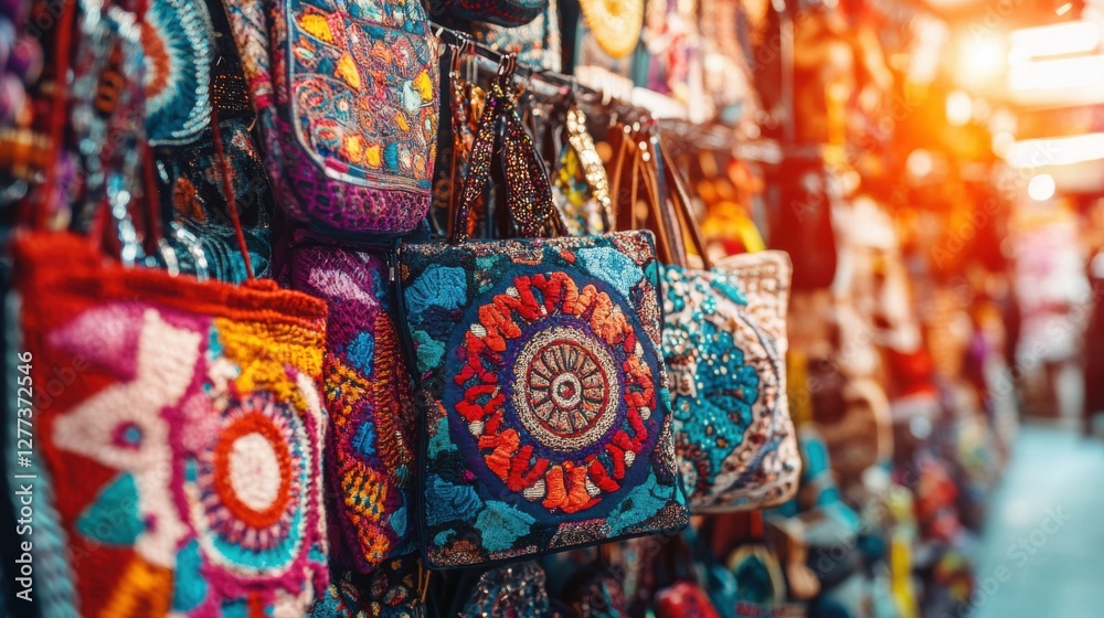 Fototapeta premium Colorful Handmade Bags Displayed at Vibrant Market Stall
