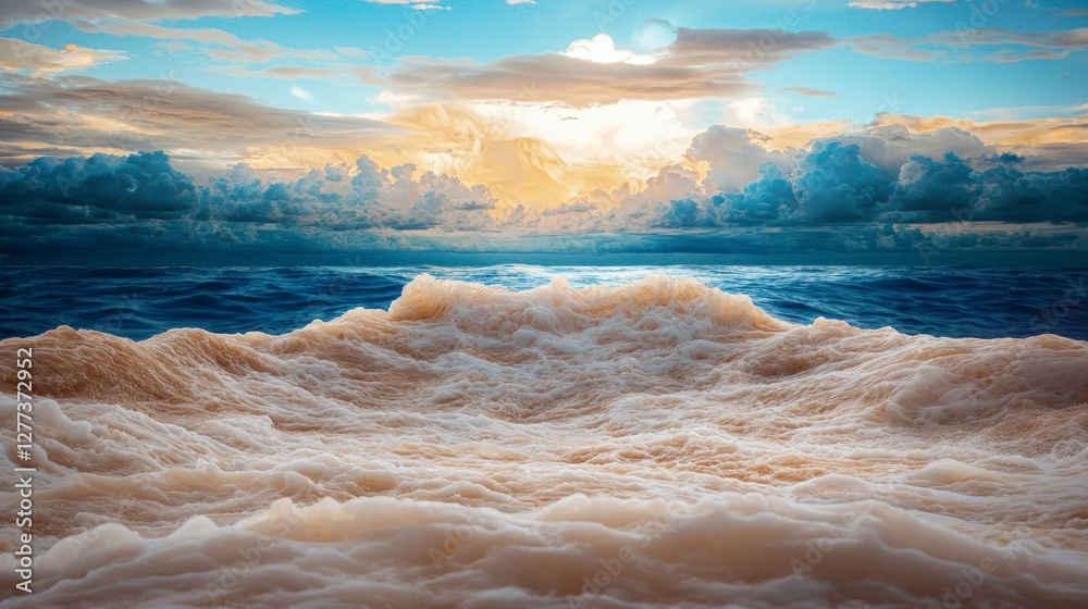 Naklejka premium Dramatic Ocean Waves Sunset Sky Creamy Foam Seascape Coastal Scene Nature Background