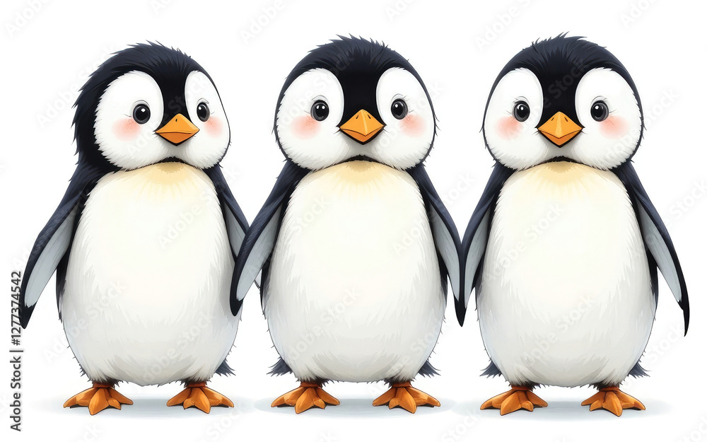 Fototapeta premium Cute Cartoon Penguins Standing Together on White Background Perfect for Children