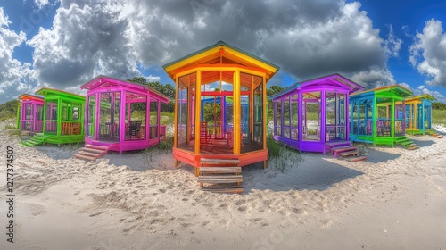 Wallpaper Mural Colorful beach gazebos on sandy shore under dramatic sky. Possible use Travel brochure, vacation advertisement Torontodigital.ca