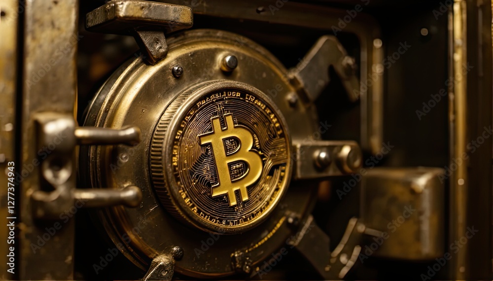Golden Bitcoin Coin in an Antique Safe with Metal Lock Mechanism Golden Bitcoin Coin in an Antique Safe with Metal Lock Mechanism