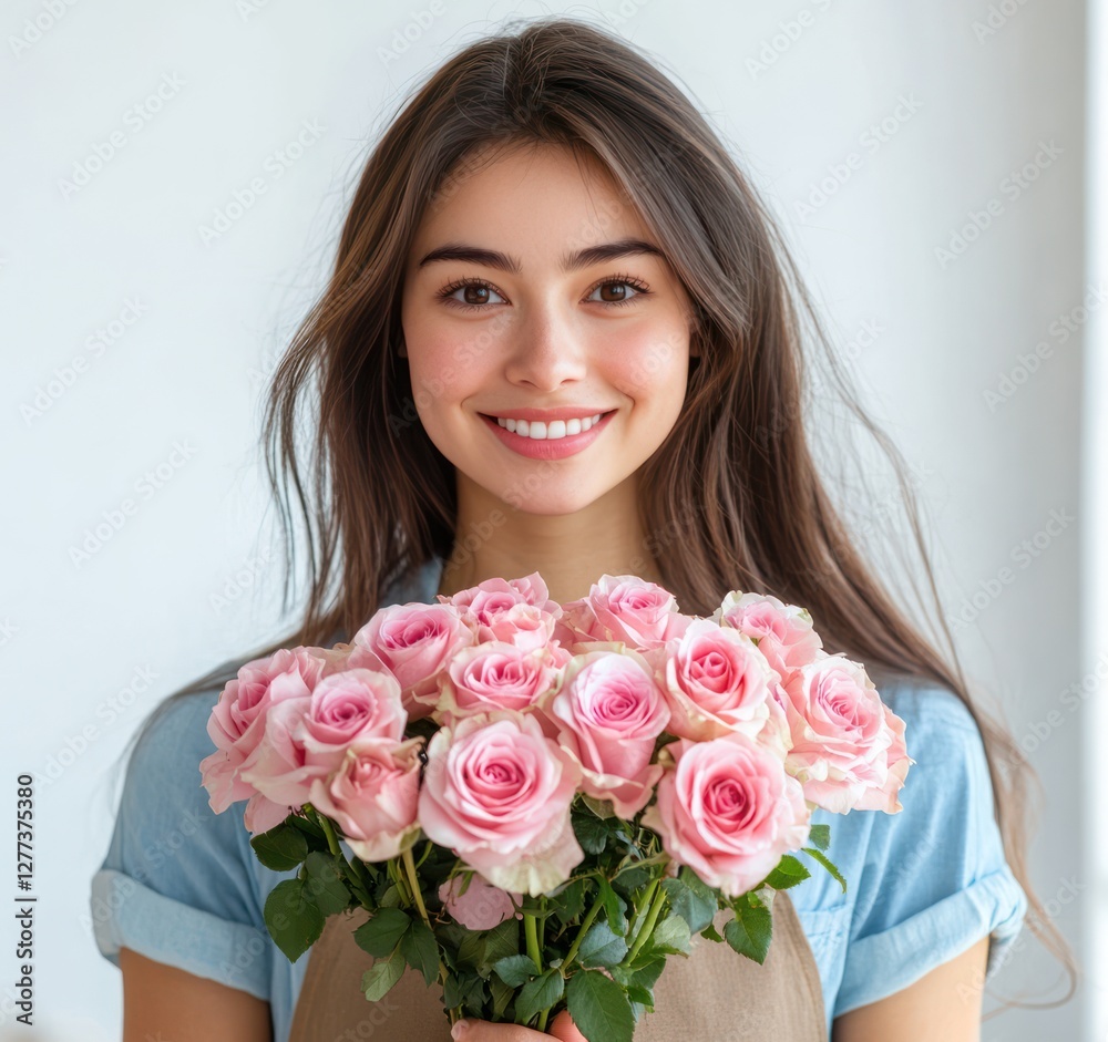 Cheerful florist woman holding pink roses in photorealistic image on white background. Woman wearing apron and blue shirt. Cheerful florist woman holding pink roses in photorealistic image on white background. Woman wearing apron and blue shirt.
