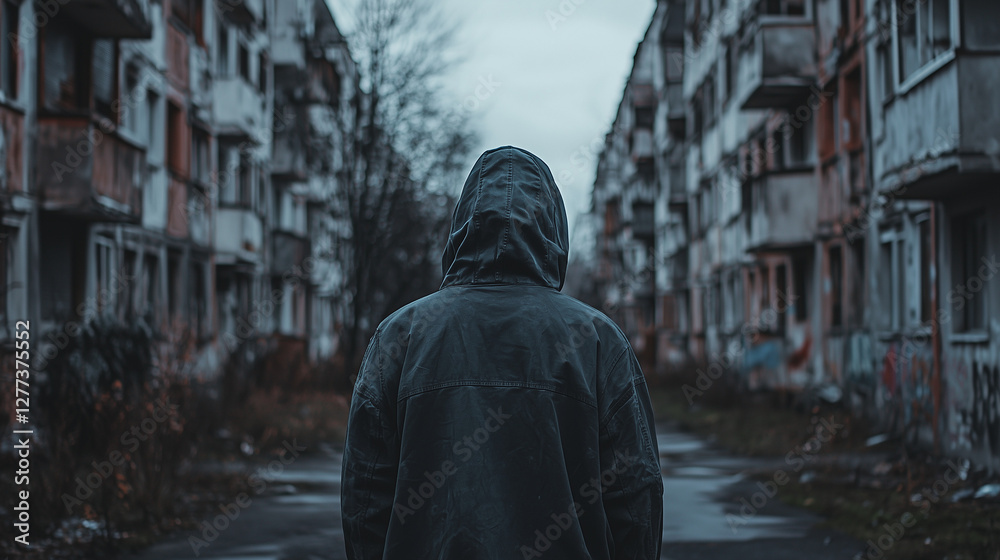 A hooded figure stands in a desolate urban area with abandoned, decaying apartment buildings, evoking mystery and isolation A hooded figure stands in a desolate urban area with abandoned, decaying apartment buildings, evoking mystery and isolation