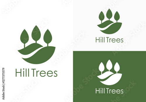 Simple tree hill leaf custom logo design, simple leaf and hill combination in vector logo