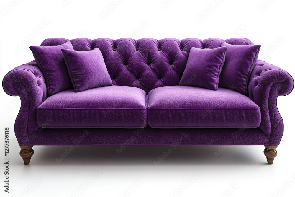 Fototapeta premium Modern Purple Velvet Sofa with Decorative Pillows: A Chic and Cozy Accent Piece for Stylish Home Interiors