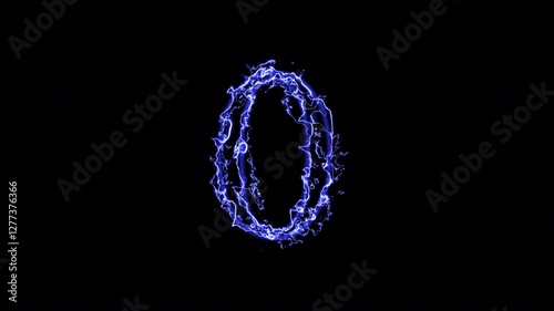 0 zero neon lighting text with neon animation on black background, neon linear number 0 and colorful cloud glowing with blue neon light, abstract black background.