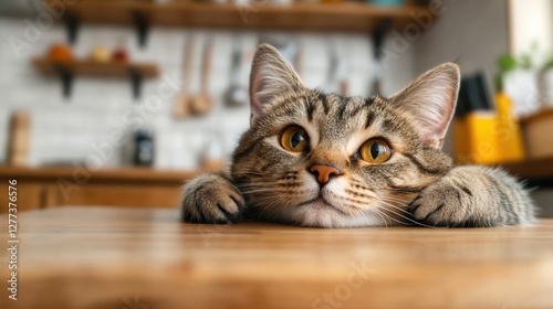 Funny fat cat waits patiently for food while lounging in the kitchen