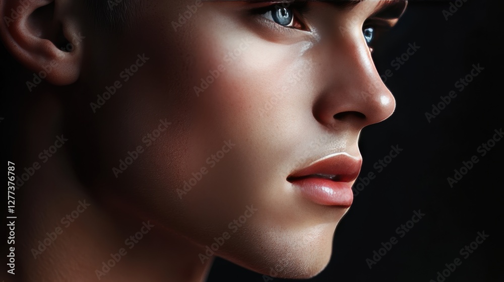 Serene Profile: A captivating close-up of a young man, bathed in soft, diffused light, his striking blue eyes conveying a sense of calm introspection and the depth of the moment. Serene Profile: A captivating close-up of a young man, bathed in soft, diffused light, his striking blue eyes conveying a sense of calm introspection and the depth of the moment.