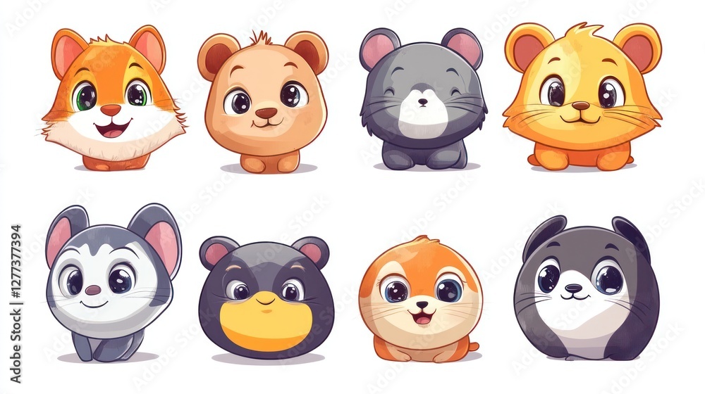 Cute cartoon animal characters in various poses, smiling and looking directly at the camera. Cute cartoon animal characters in various poses, smiling and looking directly at the camera.