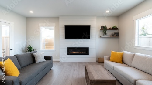 Spacious modern living room with cozy seating arrangement, elegant fireplace, minimalist decor, and natural light creating a serene atmosphere for relaxation and gatherings