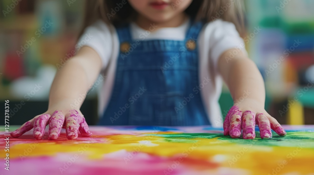 Fototapeta premium Young Child Engaging in Creative Art Activity with Colorful Paint on Canvas, Joyous Expression of Imagination and Playfulness in Bright Studio Environment