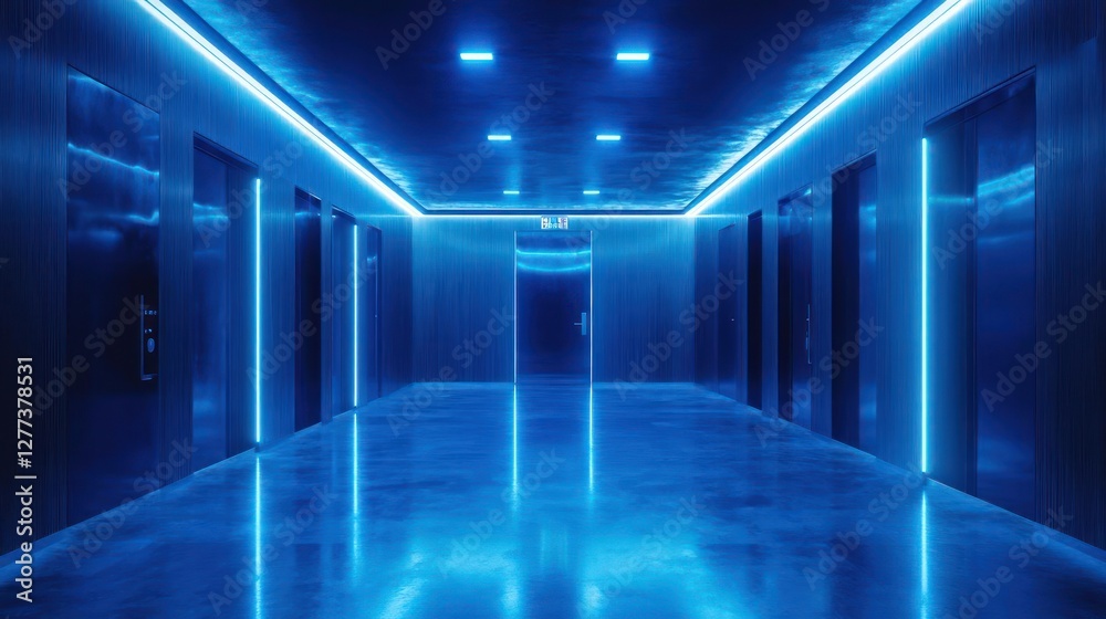 Fototapeta premium Abstract Blue Lit Elevator Hallway
