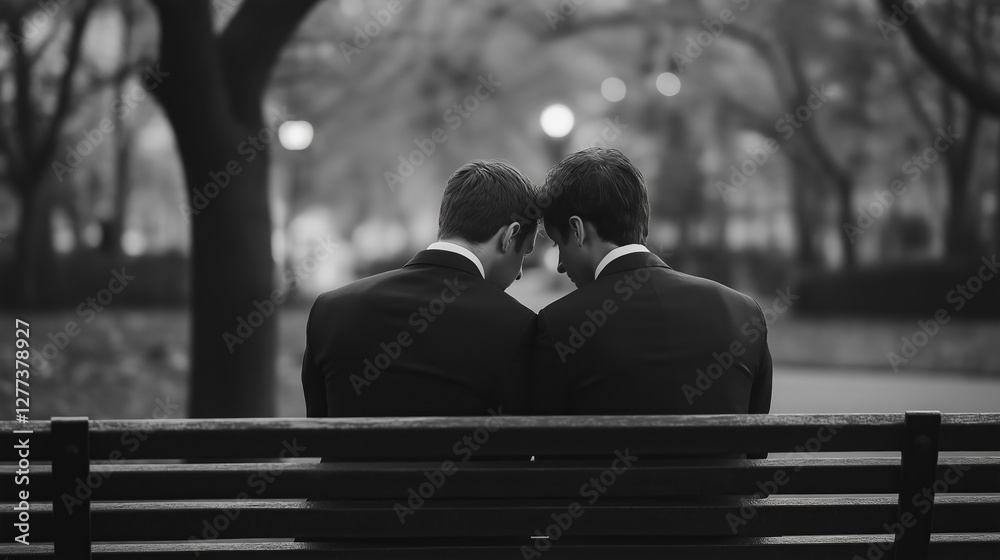Fototapeta premium Two Grooms Sitting Closely on a Park Bench in Black and White