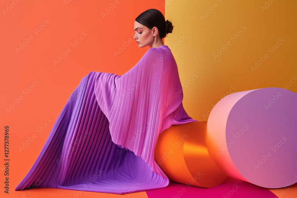 custom made wallpaper toronto digitalWoman in gradient dress sits pensively on round stage with vibrant colors