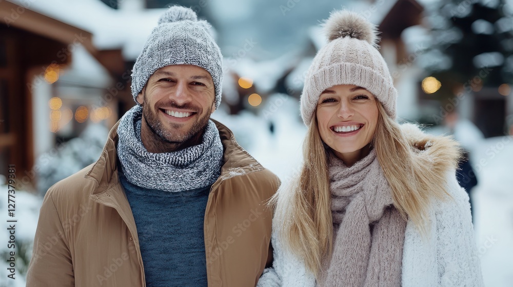 Obraz premium Happy young couple enjoying a romantic winter vacation in the snow