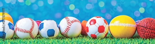 Sports balls on grass, vibrant colors, summer theme