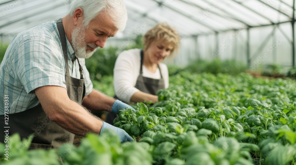 custom made wallpaper toronto digitalSenior Couple Engaging in Herb Gardening Together in a Greenhouse, Nurturing Fresh Basil Plants with Care and Passion for Sustainable Living