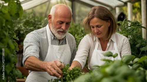 Wallpaper Mural A Senior Man and a Woman Collaborate in a Lush Greenhouse, Harvesting Fresh Herbs and Enjoying Gardening Together as a Profession and Hobby Torontodigital.ca
