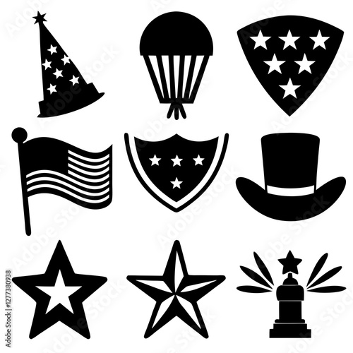 Independence Day and veterans day outline icon set with flag and military vector icons