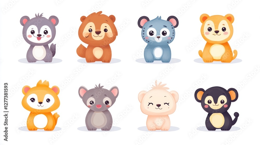 Cute cartoon animal characters, set of nine, various species, bear, lion, squirrel, koala, sitting, happy expressions, colorful, flat design, childish style, adorable, stylized, illustration. Cute cartoon animal characters, set of nine, various species, bear, lion, squirrel, koala, sitting, happy expressions, colorful, flat design, childish style, adorable, stylized, illustration.