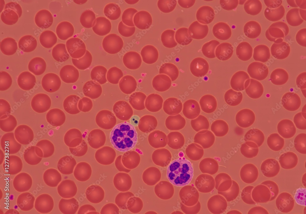Fototapeta premium Light Micrograph of Human Red Blood Cells with White Blood Cells Centered