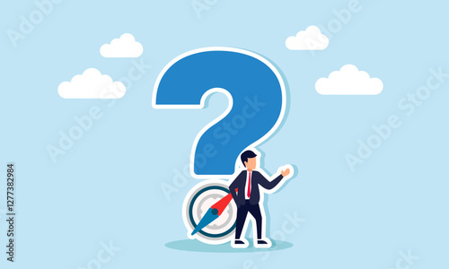Businessman stands beside a question mark with a compass at the bottom, illustration of confusion in determining the right business policy direction