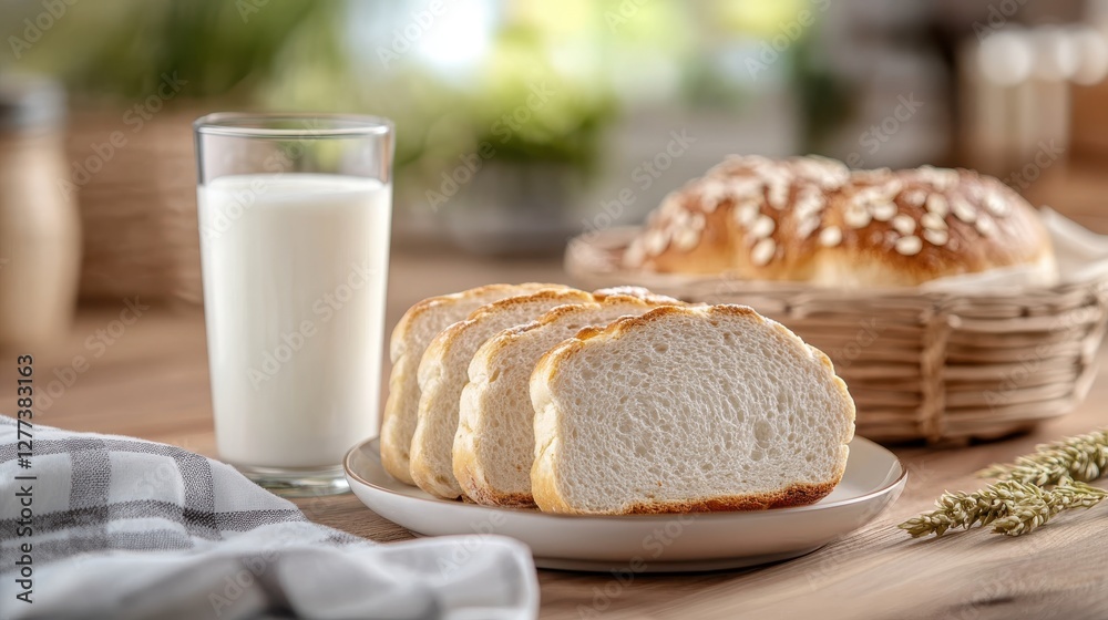 Sliced white bread and milk create a cozy breakfast atmosphere Sliced white bread and milk create a cozy breakfast atmosphere