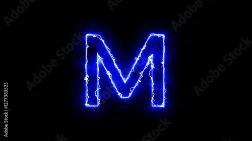 Animated neon letter M, trendy glowing loop neon alphabet letter M, Bright neon glowing light blue letter M, Seamless looping animation on black background.