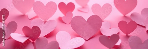 Close-up of intricately cut paper hearts on pink , macro photography, decor, design