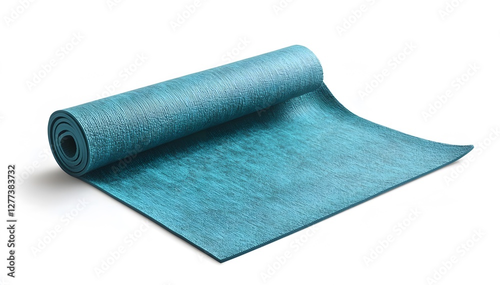 Rolled teal yoga mat partially unfurled on white background